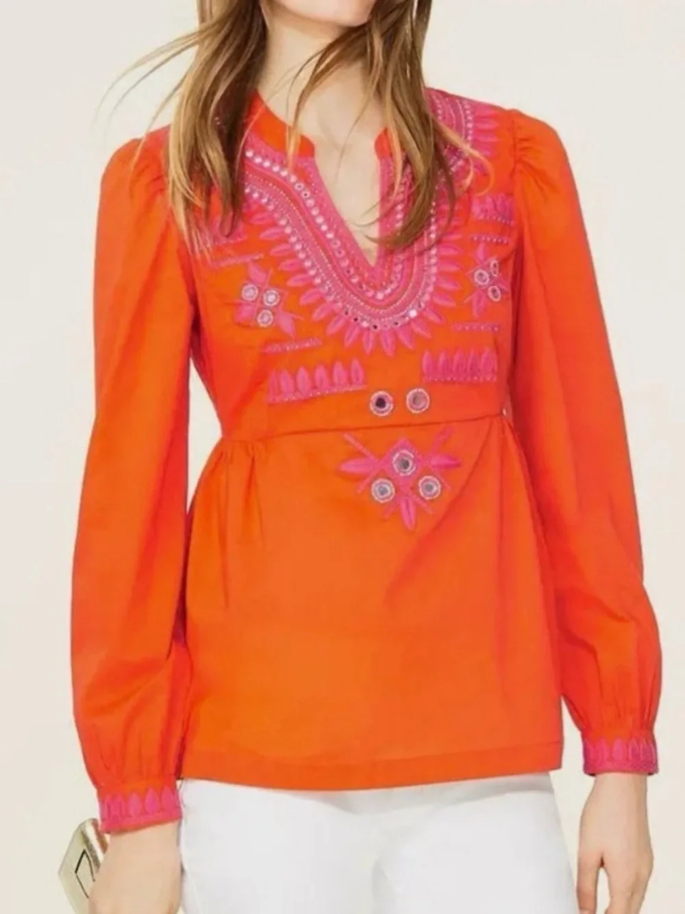 TORY BURCH Resort Pink Embroidered Orange Mirror Accents L. SLV Tunic 8  